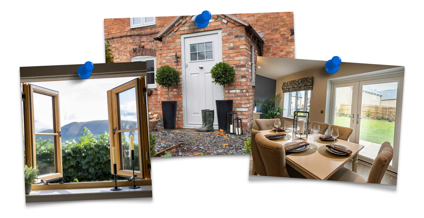 Bright photo of a spacious living room and table with large windows and windowed garden doors