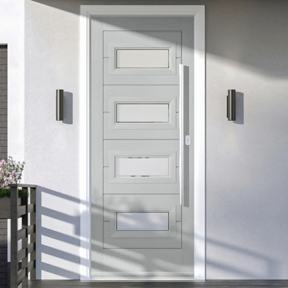 Sleek modern door with four horizontal glass panes